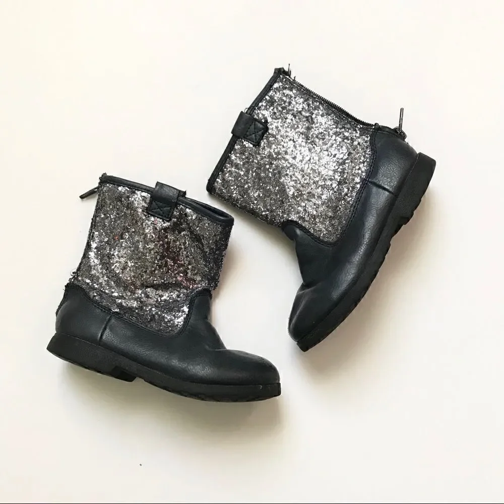 Glitter and blue leather little girl zipper boots